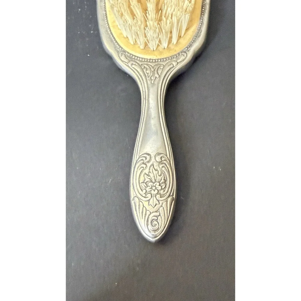 Vintage Vanity Set of 3 Repousse Floral Silver Tone Mirror, Brush & Comb EUC